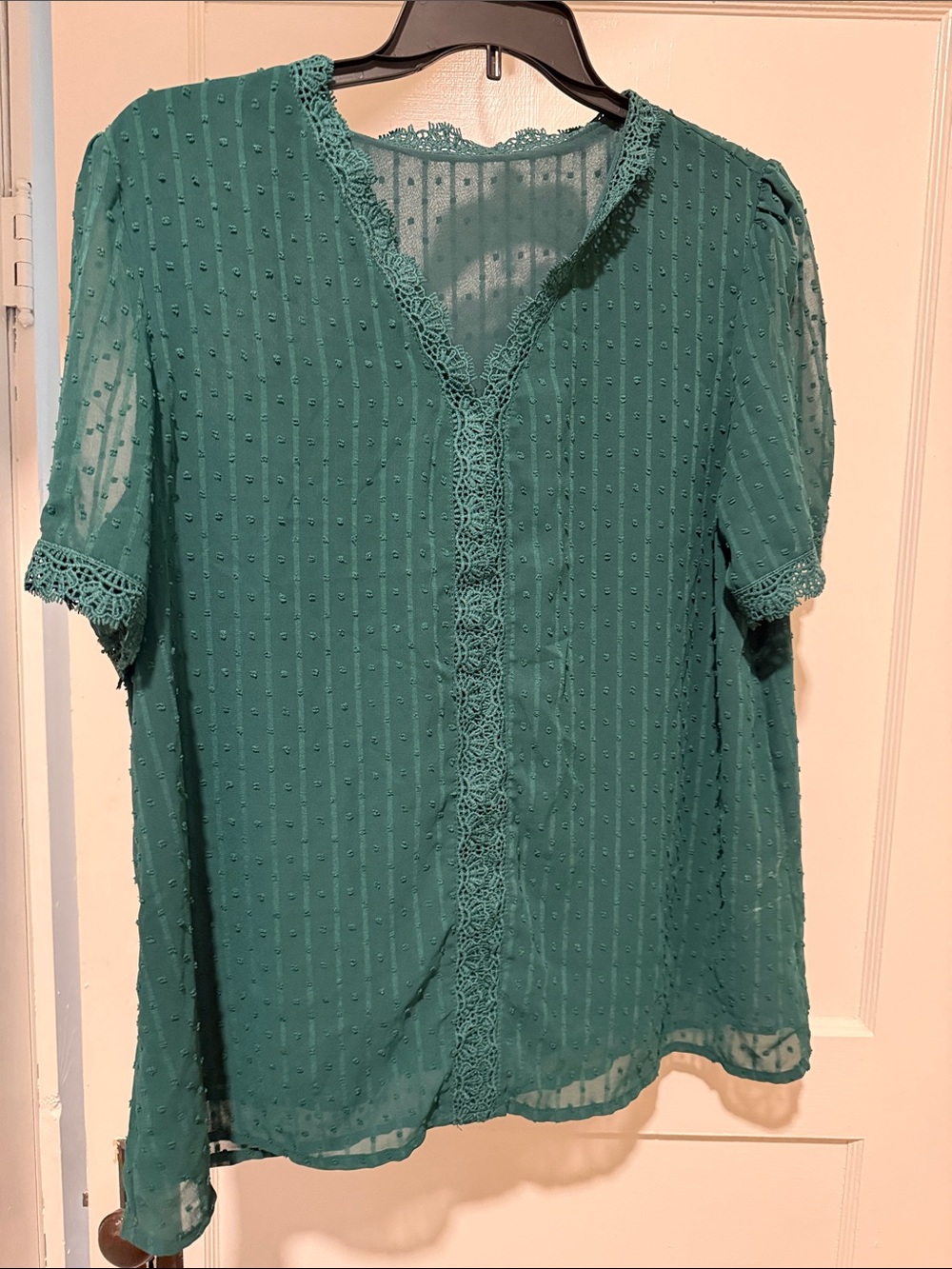 SHEIN hunter green Dot-Texture Lace-Trim Short Sleeve Top